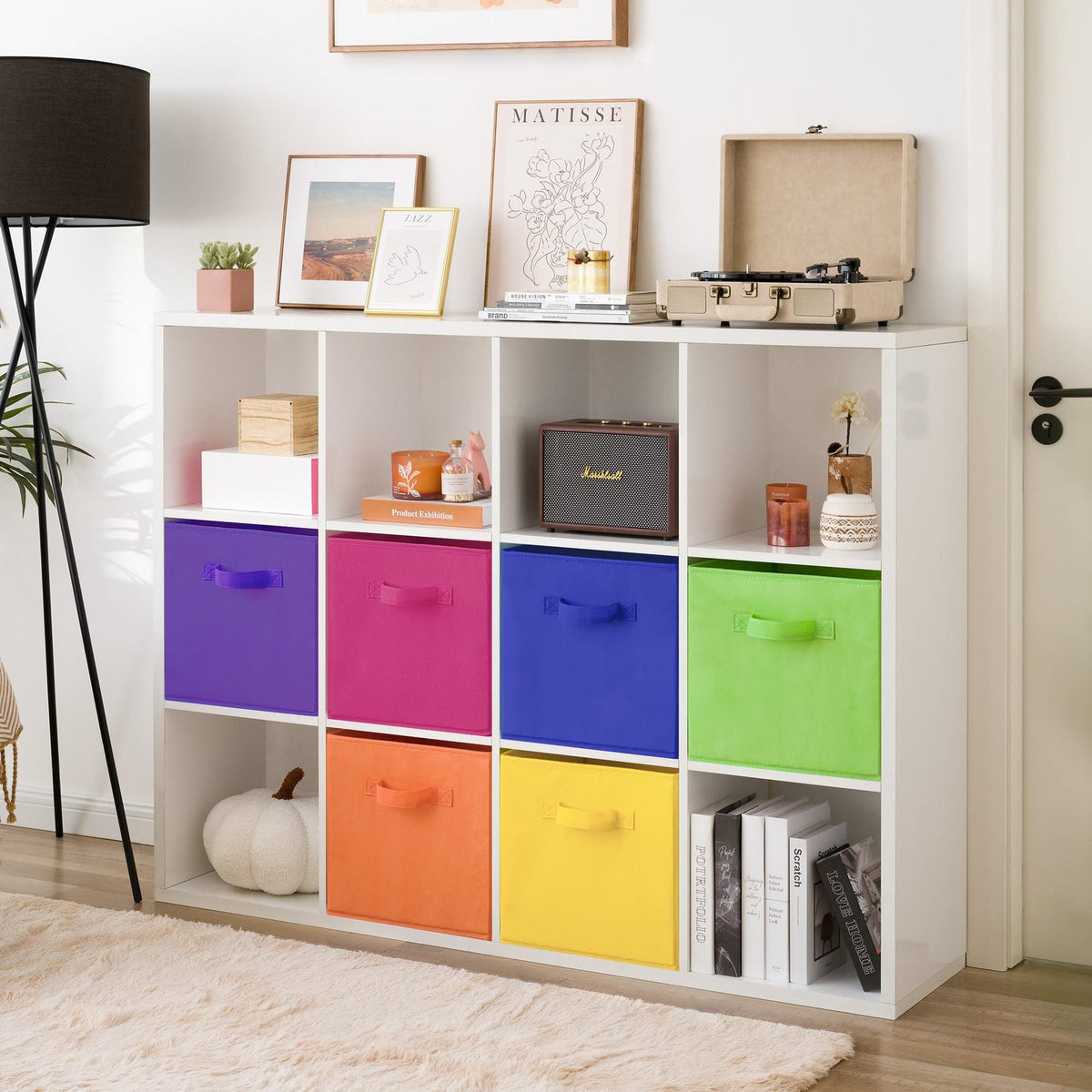 Storage cubes on a shelf